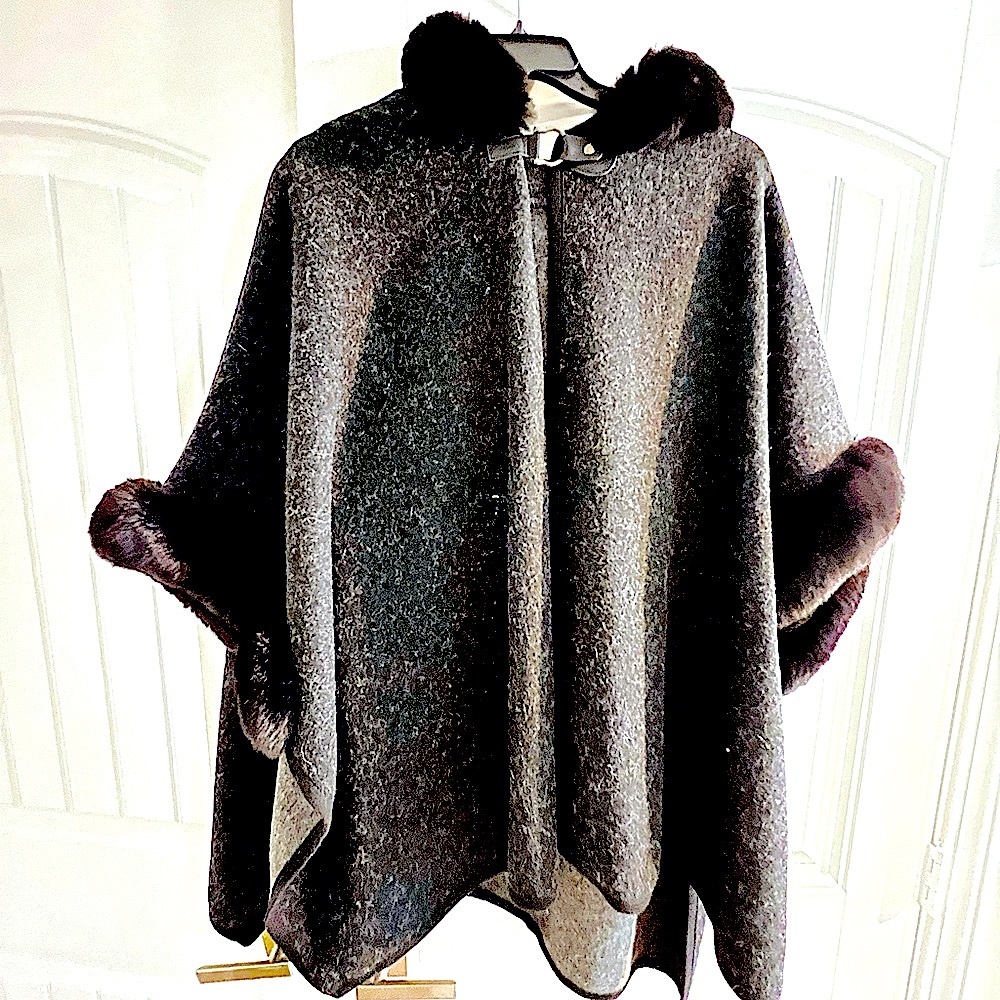 COCO and Carmen beautiful faux fur cape wool drape with neck snap enclosure.